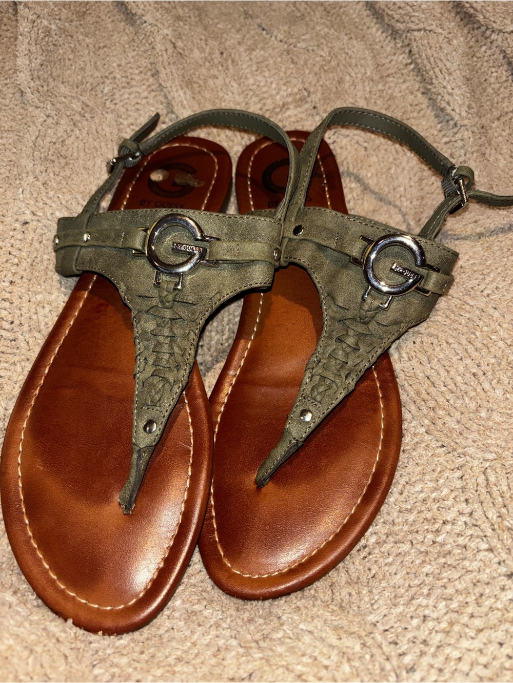 Guess Olive Green Braided Leather Thong Sandals with G Buckle Size 9